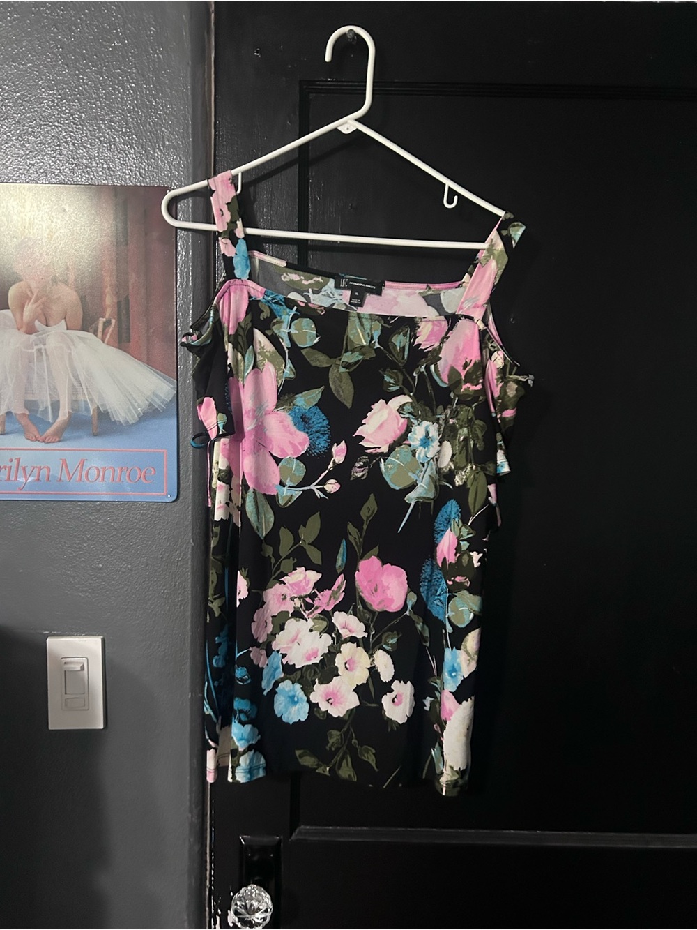 Floral Cold-Shoulder Tank Top - Black with Pink & Blue Flowers
